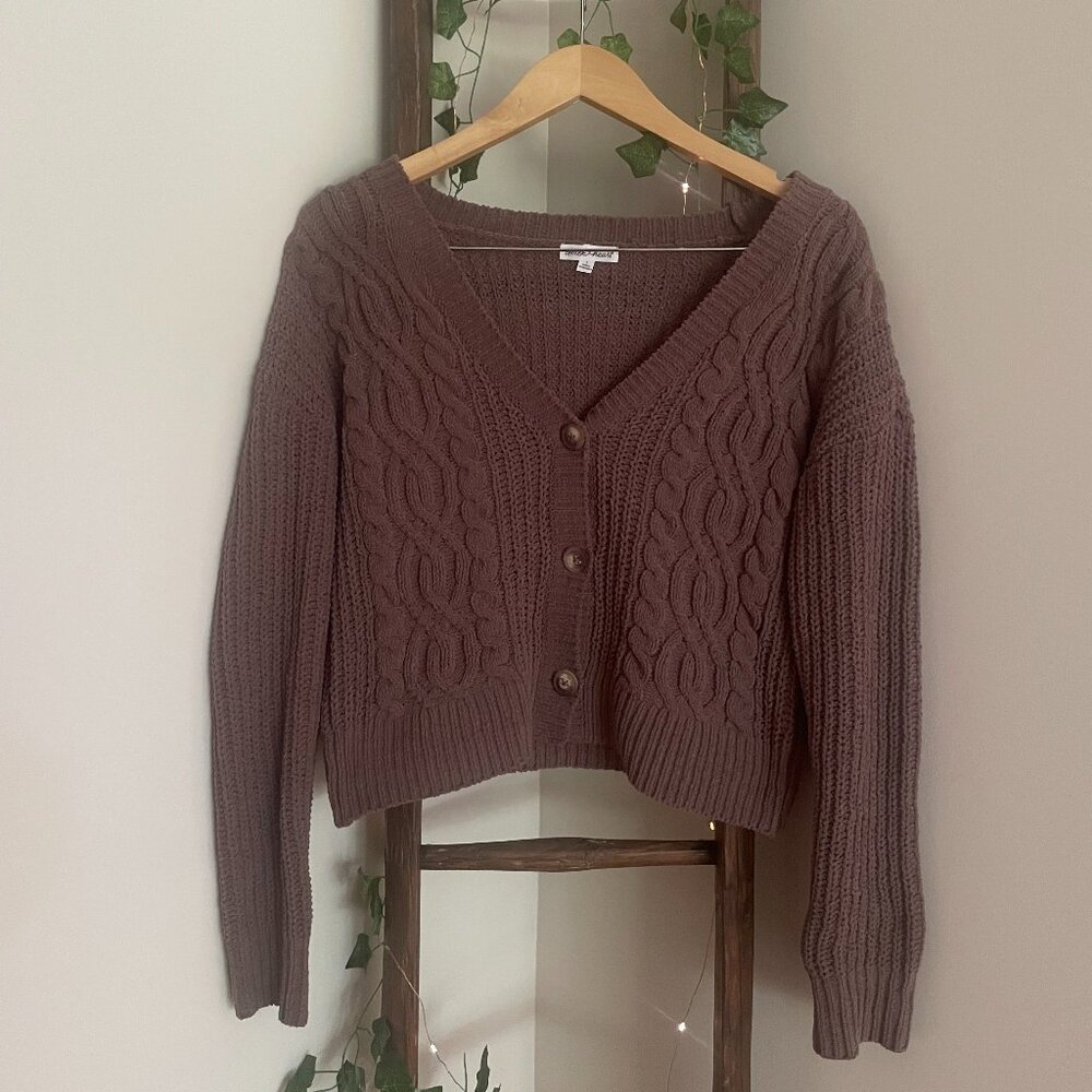 Brown Cable Knit Cardigan – Chunky Button-Up Sweater